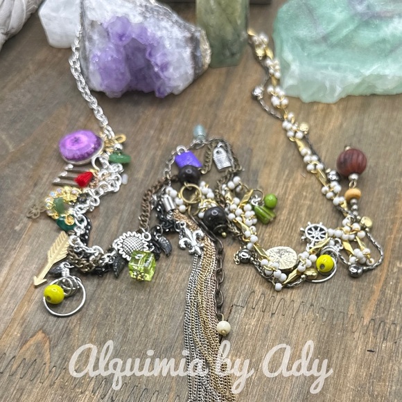 Green jade and Peridot and silver statement layered multi charms necklace - Picture 14 of 15
